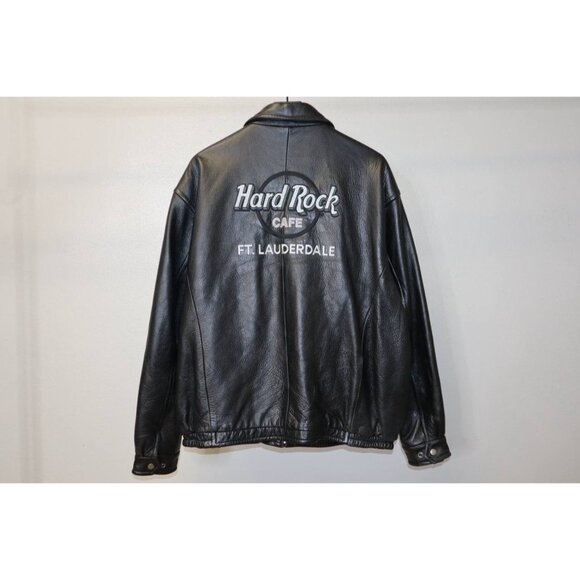 Vintage 90s Hard Rock Cafe Fort Lauderdale Leather Jacket 2XL Black Logo